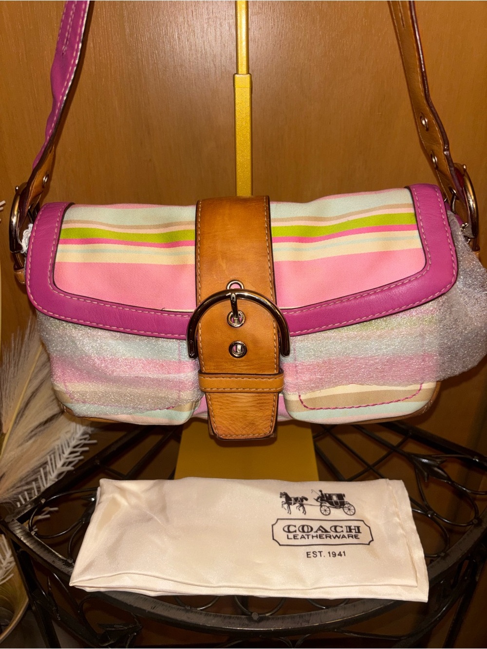 Coach Vintage SOHO Pink Multicolor Striped Shoulder Bag with Tan Leather Buckle